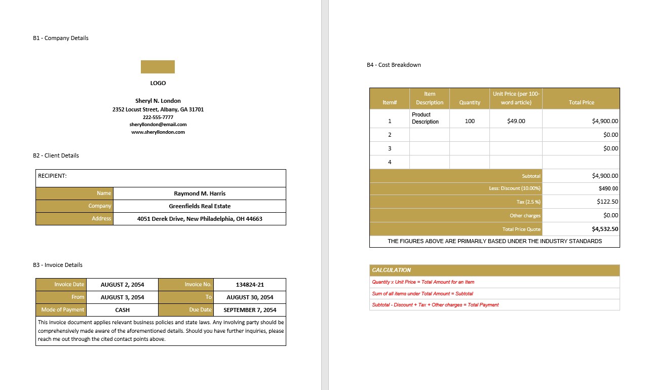 Professional Freelance Writer Invoice Template PSD template